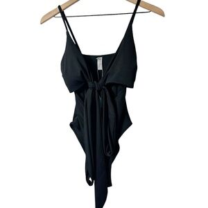 BLACK RIBBED ONE PIECE WOMEN TIE FRONT SWIMSUIT SIZE MEDIUM BRAND NEW WITH TAGS